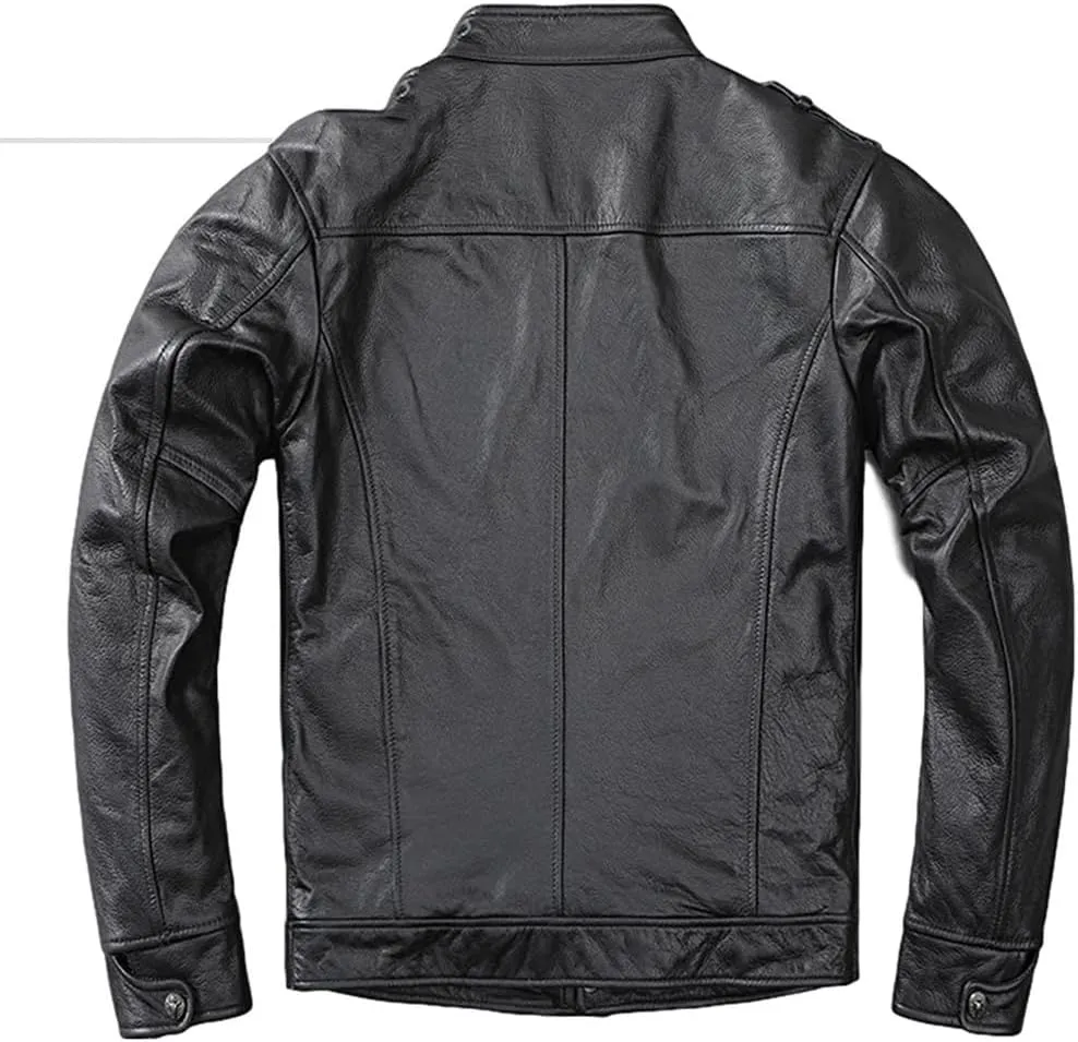 Youllyuu Men Genuine Leather Professional Biker Jacket Stand Collar Pockets Motorcycle Jacket Zipper Jacket