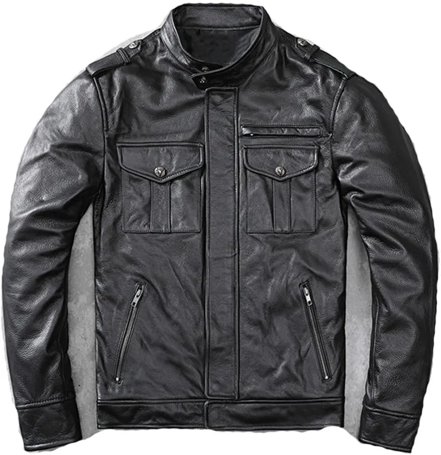 Youllyuu Men Genuine Leather Professional Biker Jacket Stand Collar Pockets Motorcycle Jacket Zipper Jacket
