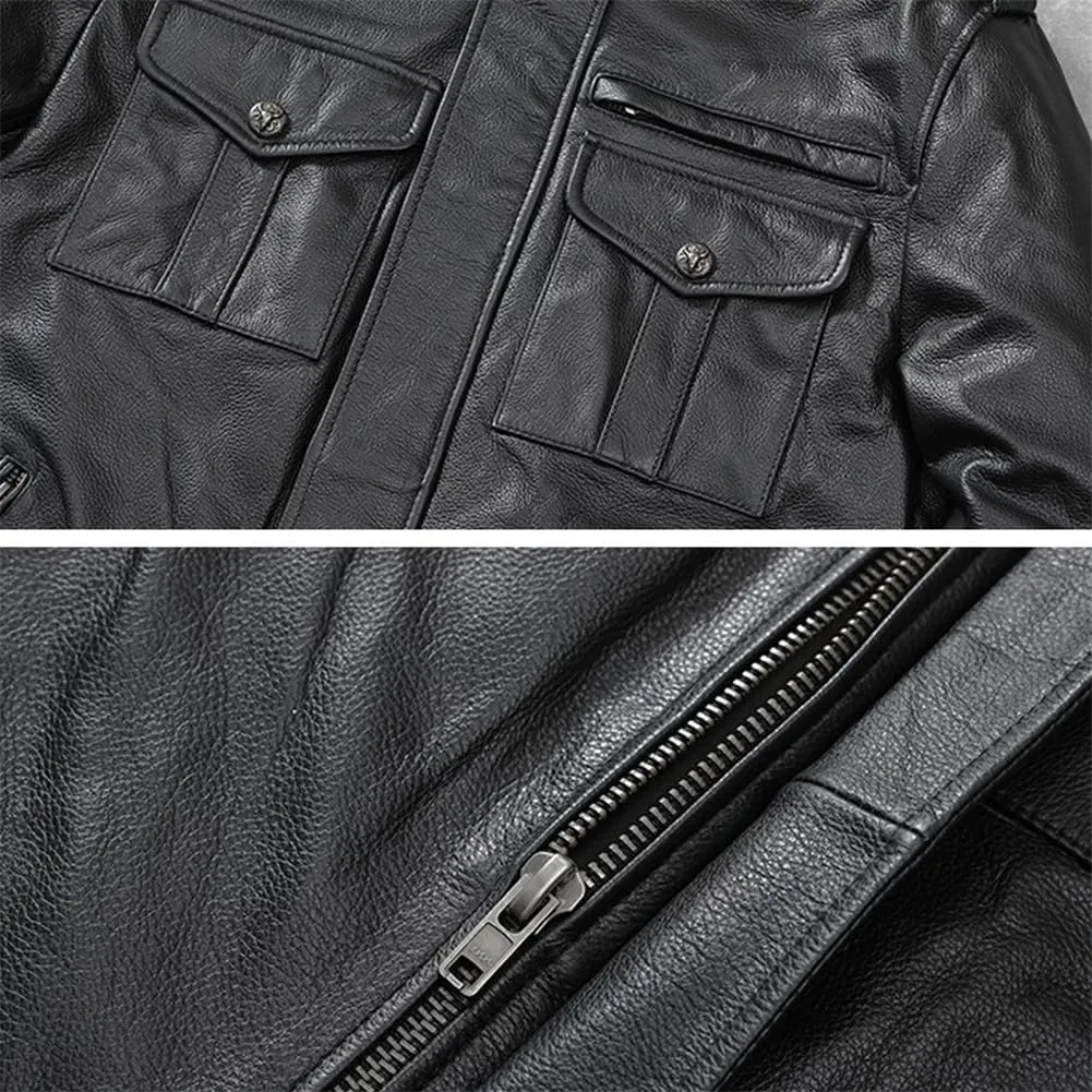 Youllyuu Men Genuine Leather Professional Biker Jacket Stand Collar Pockets Motorcycle Jacket Zipper Jacket