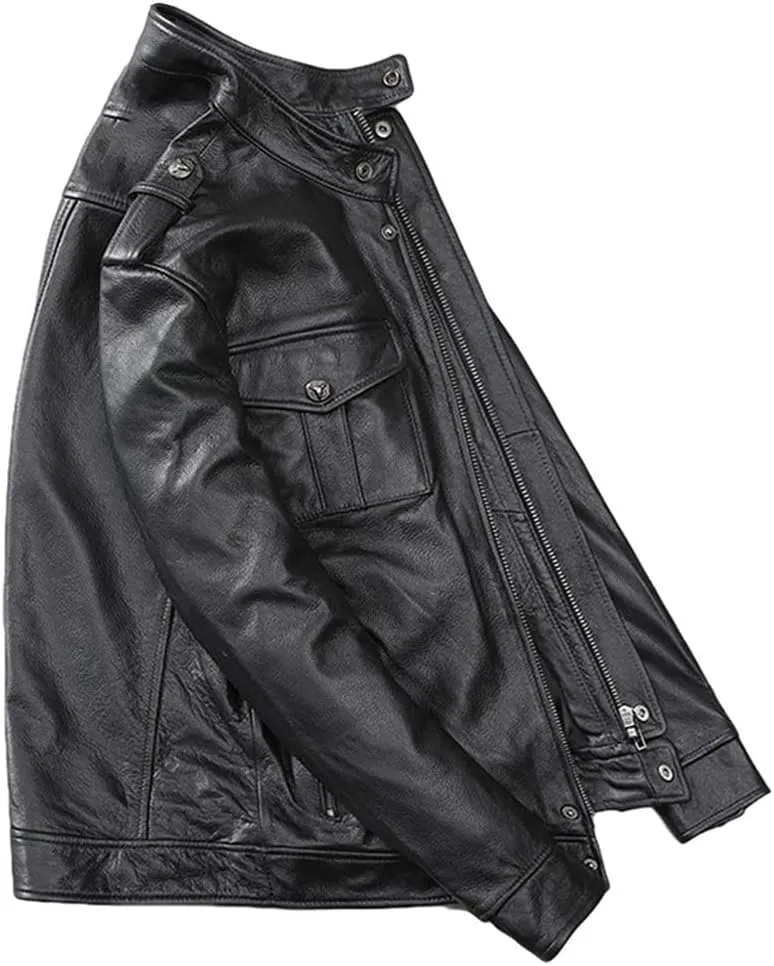 Youllyuu Men Genuine Leather Professional Biker Jacket Stand Collar Pockets Motorcycle Jacket Zipper Jacket