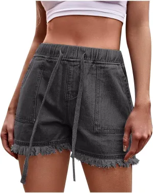 ZDRZK High Waisted Denim Shorts for Women 2023 Summer Drawstring Jeans Straight Leg Raw Hem Jean Shorts with Pockets