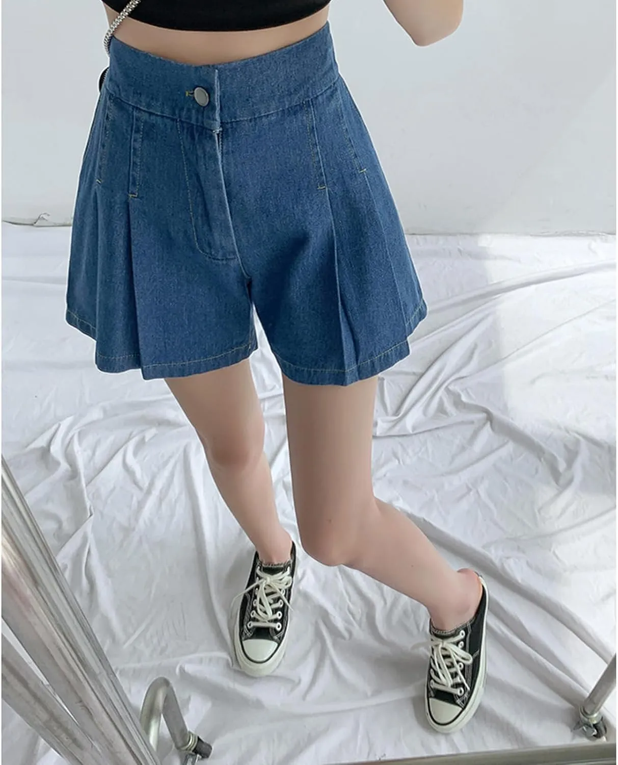 ZENTHACE Womens Summer High Elastic Waisted Skirt Shorts Casual Wide Leg Flared A Line Pleated Denim Jean Shorts with Pockets